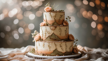 Elegant three-tier wedding cake adorned with pastel flowers on a soft fabric backdropの素材