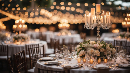 Elegant outdoor wedding reception decorated with string lights and floral centerpieces at duskの素材