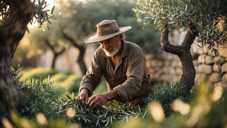 Elderly man harvesting olives during golden hour in a serene grove settingの素材