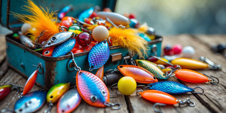 Colorful fishing lures in an old metal tackle box resting on a wooden surface in natural lightの素材