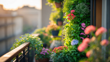 Colorful balcony garden displaying vibrant flowers during golden hour in a bustling city environmentの素材