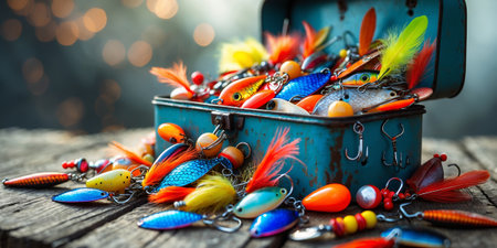 Colorful fishing lures fill an old metal tackle box on a rustic wooden surfaceの素材