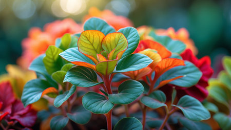 Colorful leaves of tropical plants in vibrant hues during golden hour in a lush gardenの素材