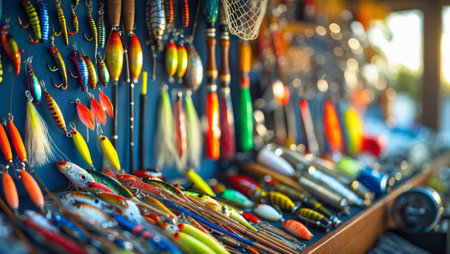 Colorful fishing lures displayed on a wooden counter at a lakefront shop during the late afternoonの素材