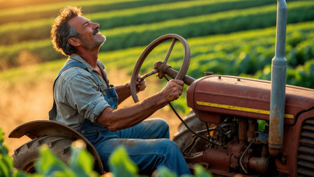 Farmer joyfully drives a vintage tractor through green fields at sunset during harvest seasonの素材