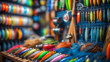 Colorful fishing lures and tackle displayed in a well-organized shop, attracting anglers and fishing enthusiastsの素材