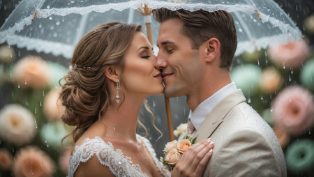 Couple sharing a kiss under a transparent umbrella during a romantic outdoor wedding in light rainの素材
