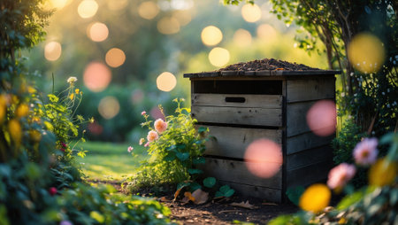 Wooden compost bin surrounded by flowers in a tranquil garden during golden hourの素材