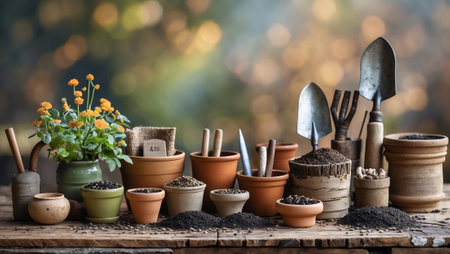 Herbal gardening setup on wooden table with pots, seeds, and tools in a serene outdoor environmentの素材