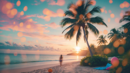 Sunset at a tranquil beach with palm trees and a silhouette of a person walking along the shoreの素材