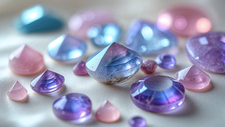 Variety of colorful gemstones arranged artistically on a light background highlighting their unique shapes and facetsの素材