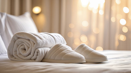 Luxurious hotel bedding setup featuring plush towels and cozy slippers in a well-lit room at duskの素材