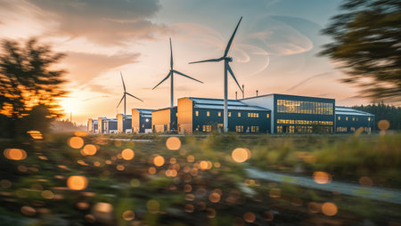 Scenic sunset view of a wind farm with modern buildings and vibrant colors in the skyの素材