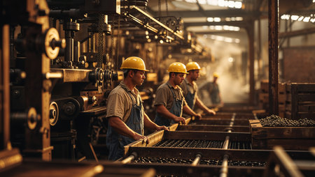 Workers engage in manufacturing process within an industrial facility during daytime operationsの素材