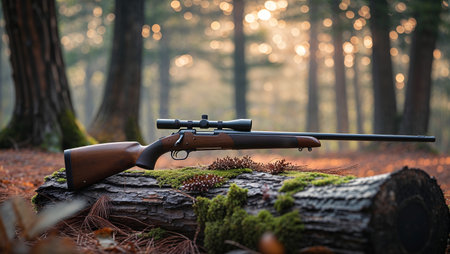 Rifle resting on a moss-covered log in a serene forest during the golden hourの素材