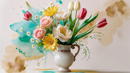 Colorful flower arrangement in a vase against a soft watercolor backgroundの素材