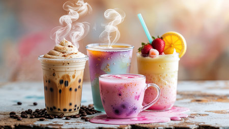 Colorful array of refreshing cold drinks served with toppings and fruits in a bright settingの素材