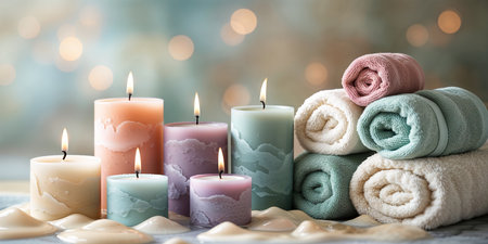 Relaxing spa setup featuring colorful candles and soft towels in tranquil settingの素材