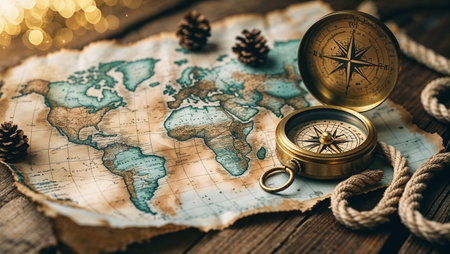 Exploring the world map and compass on rustic wooden table with pinecones during cozy eveningの素材