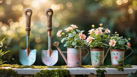 Garden tools and blooming flowers display a tranquil outdoor setting during golden hourの素材