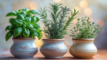 Fresh herbs in decorative pots arranged on a wooden surface with soft bokeh background during evening lightの素材
