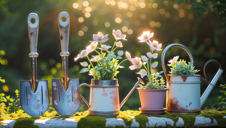 Gardening tools and flower pots arranged beautifully in a sunlit gardenの素材