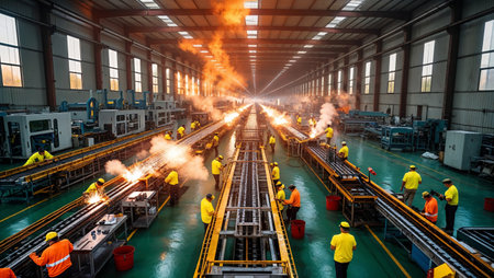 Workers conduct metal fabrication tasks in a spacious manufacturing facility during daytime hoursの素材