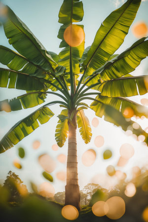 Tall banana tree with vibrant green leaves illuminated by sunlight in a natural setting during the golden hourの素材