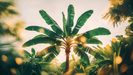 Lush banana palm stands tall in a vibrant tropical landscape during golden hour illuminationの素材