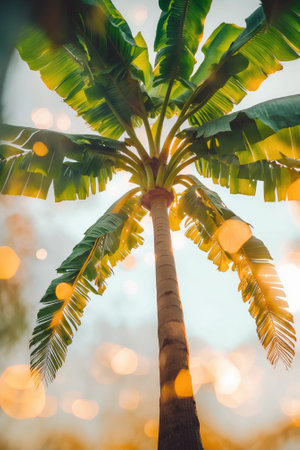 Majestic palm tree stretches towards the sky under soft golden light during a serene eveningの素材