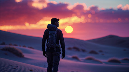 Traveler enjoys a stunning sunset over sand dunes with vibrant colors in a serene desert landscapeの素材