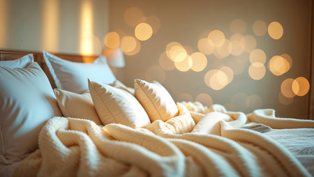 Cozy bedroom with plush bedding and warm ambient lights creating a relaxing atmosphere in the eveningの素材