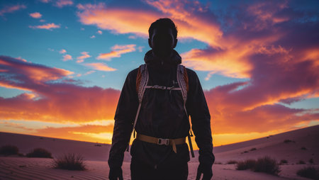 Hiker enjoys a stunning sunset in the desert, capturing the beauty of nature and solitudeの素材