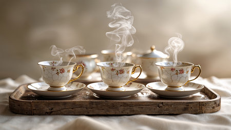 Elegant tea set with steaming cups on a rustic wooden tray in soft lightの素材