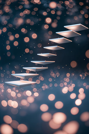 Staircase leading to a shimmering bokeh background with suspended steps floating in the airの素材