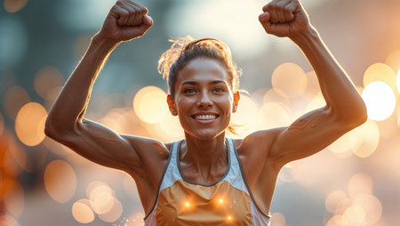 Smiling athlete celebrating victory outdoors during a sunset runの素材