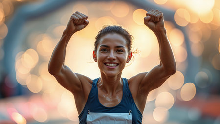 Woman celebrates victory after completing a marathon in a bustling city during sunriseの素材
