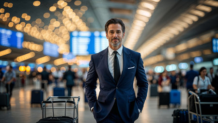 Businessman in formal suit stands confidently at busy airport terminal with blurred travelers and information boards in backgroundの素材