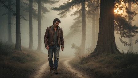 Man walking alone on a misty forest path at sunset with tall trees and a serene atmosphereの素材