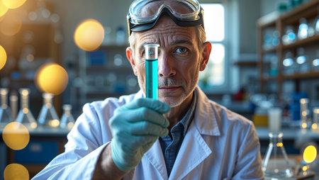 Experienced scientist examines blue liquid in test tube under laboratory lights during a research experimentの素材