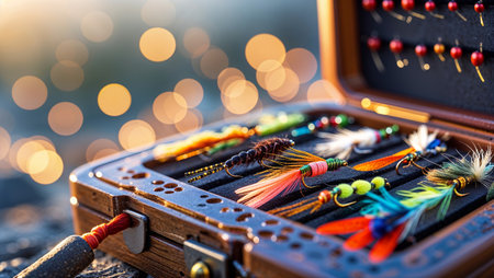 Colorful fishing lures displayed in a wooden tackle box with blurred lights in the background during sunsetの素材