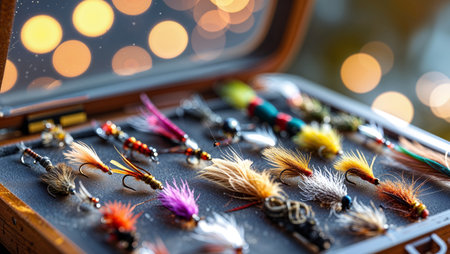 Collection of handcrafted fishing flies displayed in a vintage wooden case on a blurred background with warm bokeh lightsの素材