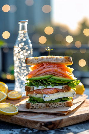 Delicious sandwich with layers of smoked salmon, cheeses, and greens served against a sparkling backdrop at sunsetの素材