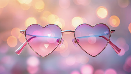 Stylish heart-shaped sunglasses on a dreamy, colorful background with hearts and soft bokeh effectの素材
