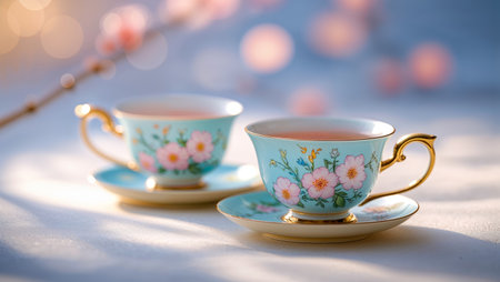 Elegant floral tea cups resting on a soft surface with blurred blossoms in the background during daylightの素材