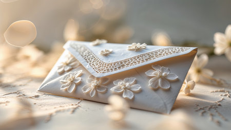 Elegant white envelope adorned with floral designs on rustic background in soft natural lightの素材