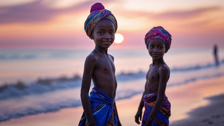 Children playing on the beach at sunset with colorful head wraps and traditional attire during golden hourの素材