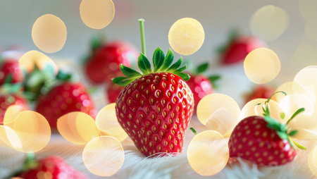 Fresh strawberries arranged with soft bokeh lights creating a dreamy and vibrant atmosphereの素材