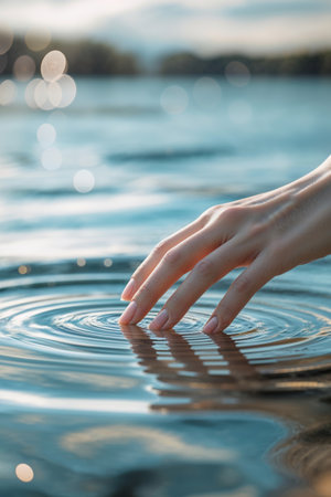 Hand touching water surface creating ripples on a tranquil lake during golden hourの素材