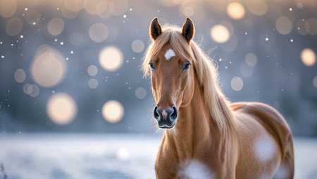 Golden horse standing in a winter snowy landscape with soft snowfall and blurred bokeh effect in the backgroundの素材